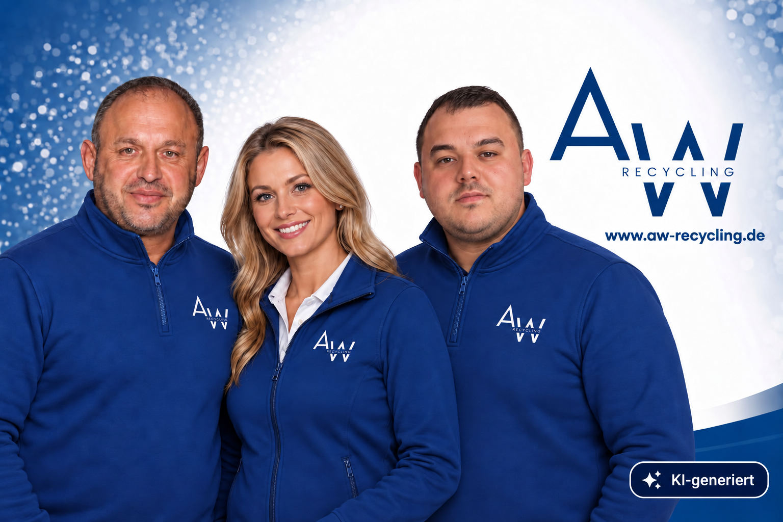 KI-generiertes Motiv mit drei Personen in AW-Recycling-Kleidung und Firmenlogo